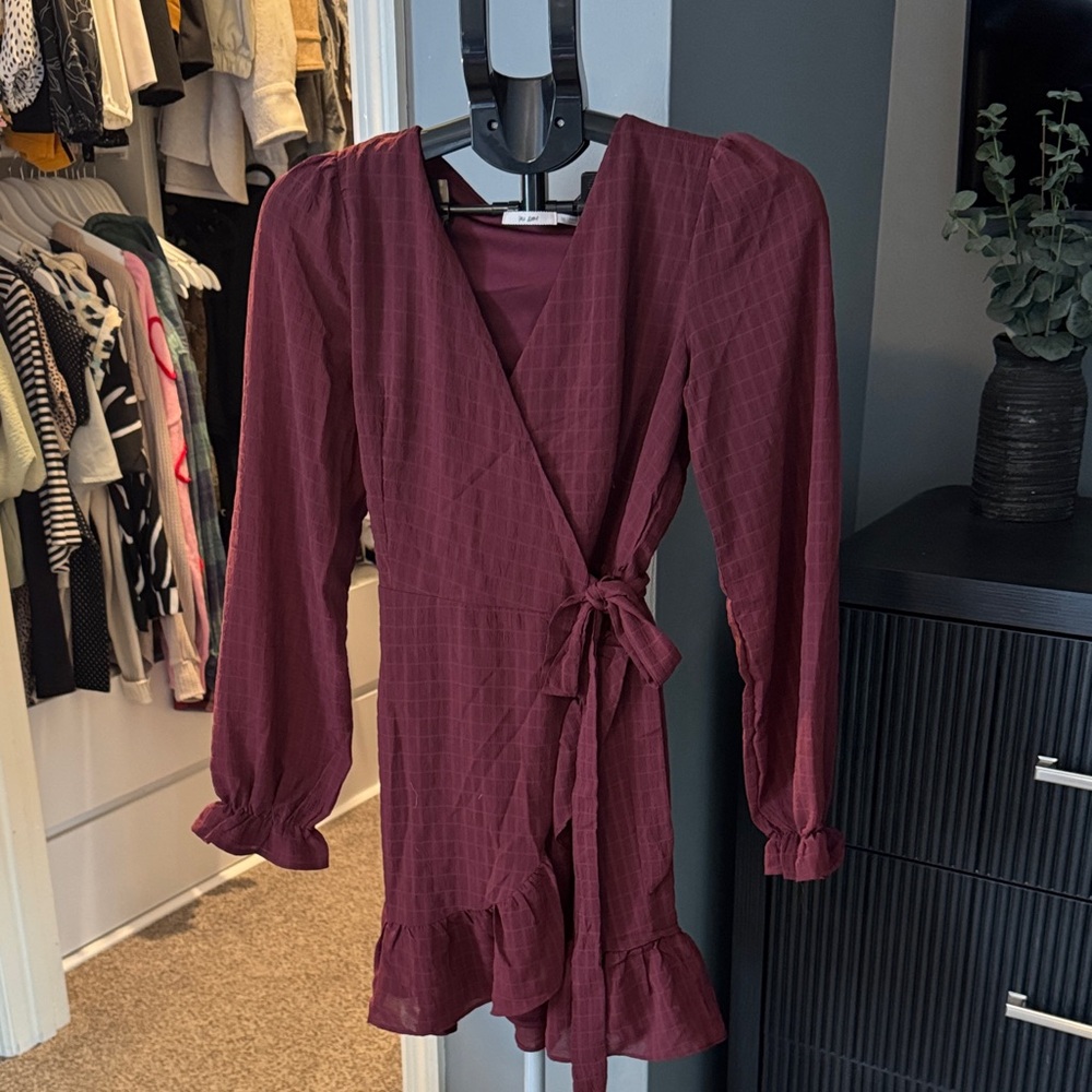 Maroon Wrap Mini Dress with Ruffle Hem